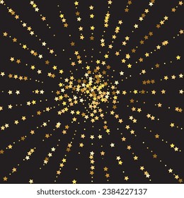 Star Sequin Confetti on Black Background. Vector Gold Glitter. Falling Particles on Floor. Christmas Party Frame. Voucher Gift Card Template. Isolated Flat Birthday Card. Golden Stars Banner.