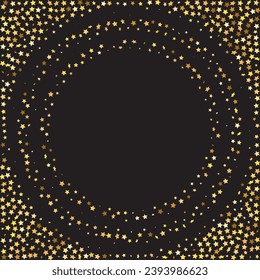 Star Sequin Confetti sobre fondo negro. Marco de fiesta de Navidad. Plantilla de tarjeta regalo de cupón. Glitter de oro vectorial. Cayendo partículas en el suelo. Tarjeta de cumpleaños plana aislada. Cartel de las estrellas de oro.