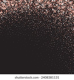 Star Sequin Confetti on Black Background. Christmas Party Frame. Vector Gold Glitter. Falling Particles on Floor. Isolated Flat Birthday Card. Golden Stars Banner. Voucher Gift Card Template.