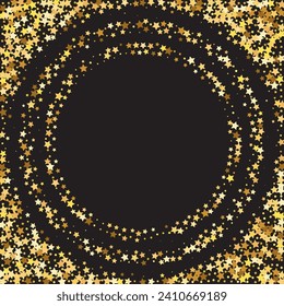 Star Sequin Confetti on Black Background. Vector Gold Glitter. Falling Particles on Floor. Christmas Party Frame. Isolated Flat Birthday Card. Golden Stars Banner. Voucher Gift Card Template.
