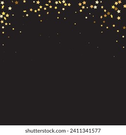 Star Sequin Confetti on Black Background. Vector Gold Glitter. Falling Particles on Floor. Christmas Party Frame. Voucher Gift Card Template. Isolated Flat Birthday Card. Golden Stars Banner.
