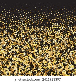 Star Sequin Confetti on Black Background. Voucher Gift Card Template. Christmas Party Frame. Isolated Flat Birthday Card. Golden Stars Banner. Vector Gold Glitter. Falling Particles on Floor.