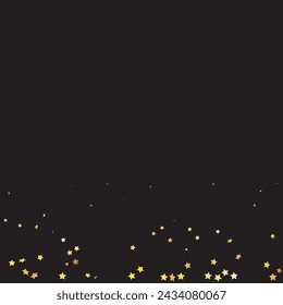 Star Sequin Confetti on Black Background. Christmas Party Frame. Isolated Flat Birthday Card. Golden Stars Banner. Voucher Gift Card Template. Vector Gold Glitter. Falling Particles on Floor.