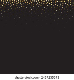 Star Sequin Confetti on Black Background. Christmas Party Frame. Voucher Gift Card Template. Vector Gold Glitter. Falling Particles on Floor. Isolated Flat Birthday Card. Golden Stars Banner.