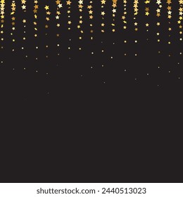 Star Sequin Confetti on Black Background. Voucher Gift Card Template. Vector Gold Glitter. Falling Particles on Floor. Christmas Party Frame. Isolated Flat Birthday Card. Golden Stars Banner.