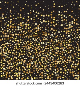 Star Sequin Confetti on Black Background. Christmas Party Frame. Voucher Gift Card Template. Isolated Flat Birthday Card. Golden Stars Banner. Vector Gold Glitter. Falling Particles on Floor.