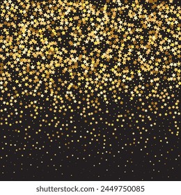 Star Sequin Confetti on Black Background. Christmas Party Frame. Vector Gold Glitter. Falling Particles on Floor. Voucher Gift Card Template. Isolated Flat Birthday Card. Golden Stars Banner.