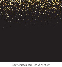 Star Sequin Confetti on Black Background. Isolated Flat Birthday Card. Golden Stars Banner. Christmas Party Frame. Voucher Gift Card Template. Vector Gold Glitter. Falling Particles on Floor.