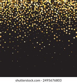 Stern-Pailletten-Konfetti auf schwarzem Hintergrund. Gutschein-Geschenkkartenvorlage. Vektor Gold Glitter. Fallende Partikel auf dem Boden. Einzige Geburtstagskarte. Banner der Goldenen Sterne. Weihnachtsfeier Rahmen.