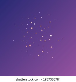 Star Sequin Confetti on Neon Purple Background. Vector Gold Glitter. Falling Particles on Floor. Christmas Party Frame. Voucher Gift Card Template. Isolated Flat Birthday Card. Golden Stars Banner.