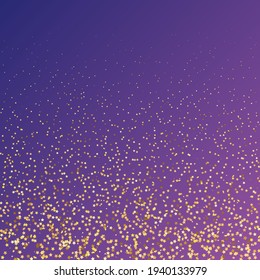 Star Sequin Confetti on Neon Purple Background. Voucher Gift Card Template. Vector Gold Glitter. Falling Particles on Floor. Isolated Flat Birthday Card. Golden Stars Banner. Christmas Party Frame.
