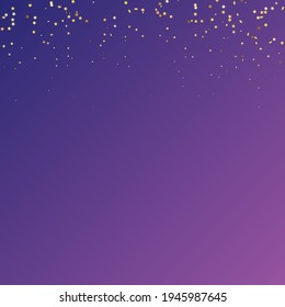 Star Sequin Confetti on Neon Purple Background. Christmas Party Frame. Voucher Gift Card Template. Isolated Flat Birthday Card. Golden Stars Banner. Vector Gold Glitter. Falling Particles on Floor.