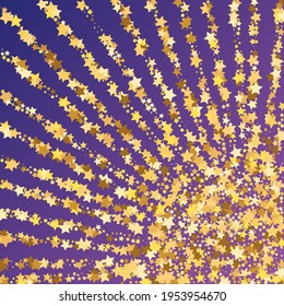 Star Sequin Confetti on Neon Purple Background. Voucher Gift Card Template. Vector Gold Glitter. Falling Particles on Floor. Christmas Party Frame. Isolated Flat Birthday Card. Golden Stars Banner.