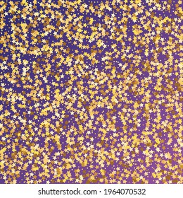 Star Sequin Confetti on Neon Purple Background. Christmas Party Frame. Vector Gold Glitter. Falling Particles on Floor. Isolated Flat Birthday Card. Golden Stars Banner. Voucher Gift Card Template.