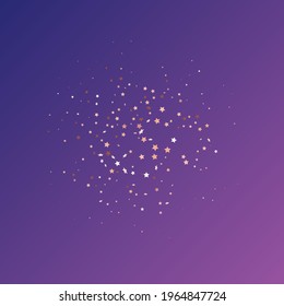 Star Sequin Confetti on Neon Purple Background. Isolated Flat Birthday Card. Golden Stars Banner. Vector Gold Glitter. Falling Particles on Floor. Voucher Gift Card Template. Christmas Party Frame.