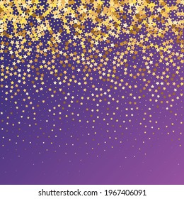 Star Sequin Confetti on Neon Purple Background. Isolated Flat Birthday Card. Golden Stars Banner. Christmas Party Frame. Vector Gold Glitter. Falling Particles on Floor. Voucher Gift Card Template.