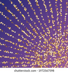 Star Sequin Confetti on Neon Purple Background. Christmas Party Frame. Vector Gold Glitter. Falling Particles on Floor. Voucher Gift Card Template. Isolated Flat Birthday Card. Golden Stars Banner.