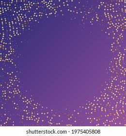 Star Sequin Confetti on Neon Purple Background. Isolated Flat Birthday Card. Golden Stars Banner. Voucher Gift Card Template. Christmas Party Frame. Vector Gold Glitter. Falling Particles on Floor.