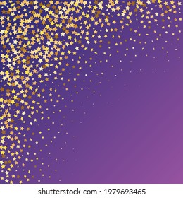 Star Sequin Confetti sobre fondo morado neón. Marco de fiesta de Navidad. Glitter de oro vectorial. Cayendo partículas en el suelo. Plantilla de tarjeta regalo de cupón. Tarjeta de cumpleaños plana aislada. Cartel de las estrellas de oro.
