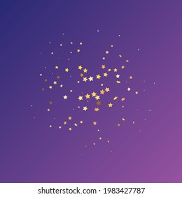 Star Sequin Confetti on Neon Purple Background. Voucher Gift Card Template. Christmas Party Frame. Isolated Flat Birthday Card. Golden Stars Banner. Vector Gold Glitter. Falling Particles on Floor.