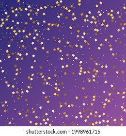 Star Sequin Confetti on Neon Purple Background. Isolated Flat Birthday Card. Golden Stars Banner. Vector Gold Glitter. Falling Particles on Floor. Christmas Party Frame. Voucher Gift Card Template.