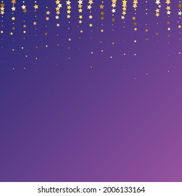 Star Sequin Confetti on Neon Purple Background. Christmas Party Frame. Isolated Flat Birthday Card. Golden Stars Banner. Voucher Gift Card Template. Vector Gold Glitter. Falling Particles on Floor.