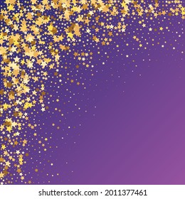 Star Sequin Confetti on Neon Purple Background. Voucher Gift Card Template. Isolated Flat Birthday Card. Golden Stars Banner. Christmas Party Frame. Vector Gold Glitter. Falling Particles on Floor.