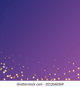 Star Sequin Confetti auf neonviolettem Hintergrund. Gutscheinkarten-Vorlage. Einzeln-Flach-Geburtstagskarte. Banner der goldenen Sterne. Weihnachtsfeierrahmen. Vector Gold Glitter. Fallende Partikel auf dem Boden.