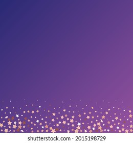 Star Sequin Confetti on Neon Purple Background. Christmas Party Frame. Vector Gold Glitter. Falling Particles on Floor. Voucher Gift Card Template. Isolated Flat Birthday Card. Golden Stars Banner.
