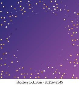 Star Sequin Confetti on Neon Purple Background. Vector Gold Glitter. Falling Particles on Floor. Isolated Flat Birthday Card. Golden Stars Banner. Christmas Party Frame. Voucher Gift Card Template.