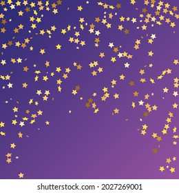 Star Sequin Confetti on Neon Purple Background. Voucher Gift Card Template. Vector Gold Glitter. Falling Particles on Floor. Isolated Flat Birthday Card. Golden Stars Banner. Christmas Party Frame.