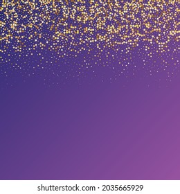 Star Sequin Confetti on Neon Purple Background. Isolated Flat Birthday Card. Golden Stars Banner. Voucher Gift Card Template. Vector Gold Glitter. Falling Particles on Floor. Christmas Party Frame.