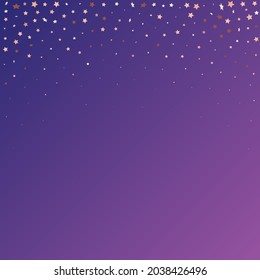 Star Sequin Confetti on Neon Purple Background. Isolated Flat Birthday Card. Golden Stars Banner. Christmas Party Frame. Vector Gold Glitter. Falling Particles on Floor. Voucher Gift Card Template.