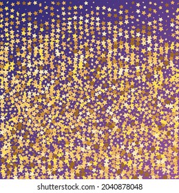 Star Sequin Confetti on Neon Purple Background. Isolated Flat Birthday Card. Golden Stars Banner. Christmas Party Frame. Voucher Gift Card Template. Vector Gold Glitter. Falling Particles on Floor.