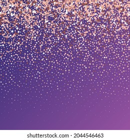 Star Sequin Confetti on Neon Purple Background. Voucher Gift Card Template. Vector Gold Glitter. Falling Particles on Floor. Isolated Flat Birthday Card. Golden Stars Banner. Christmas Party Frame.