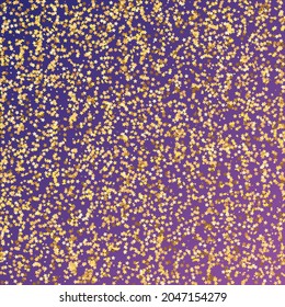 Star Sequin Confetti on Neon Purple Background. Christmas Party Frame. Voucher Gift Card Template. Isolated Flat Birthday Card. Golden Stars Banner. Vector Gold Glitter. Falling Particles on Floor.