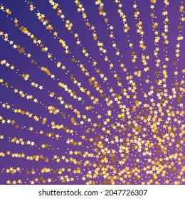 Star Sequin Confetti on Neon Purple Background. Isolated Flat Birthday Card. Golden Stars Banner. Vector Gold Glitter. Falling Particles on Floor. Voucher Gift Card Template. Christmas Party Frame.