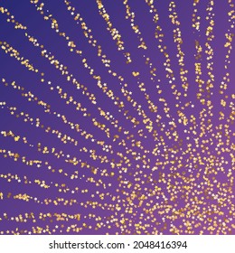 Star Sequin Confetti on Neon Purple Background. Isolated Flat Birthday Card. Golden Stars Banner. Vector Gold Glitter. Falling Particles on Floor. Christmas Party Frame. Voucher Gift Card Template.