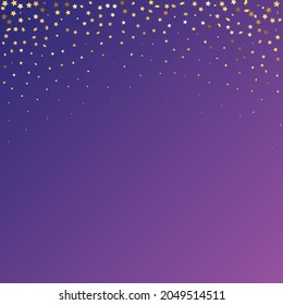 Star Sequin Confetti sobre fondo morado neón. Tarjeta de cumpleaños plana aislada. Cartel de las estrellas de oro. Marco de fiesta de Navidad. Plantilla de tarjeta regalo de cupón. Glitter de oro vectorial. Cayendo partículas en el suelo.