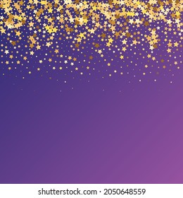 Star Sequin Confetti on Neon Purple Background. Christmas Party Frame. Isolated Flat Birthday Card. Golden Stars Banner. Vector Gold Glitter. Falling Particles on Floor. Voucher Gift Card Template.