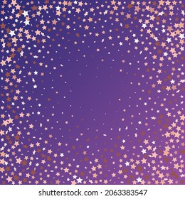 Star Sequin Confetti on Neon Purple Background. Isolated Flat Birthday Card. Golden Stars Banner. Vector Gold Glitter. Falling Particles on Floor. Christmas Party Frame. Voucher Gift Card Template.