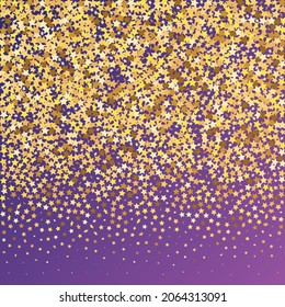 Star Sequin Confetti sobre fondo morado neón. Glitter de oro vectorial. Cayendo partículas en el suelo. Plantilla de tarjeta regalo de cupón. Tarjeta de cumpleaños plana aislada. Cartel de las estrellas de oro. Marco de fiesta de Navidad.