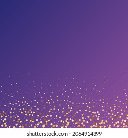 Star Sequin Confetti on Neon Purple Background. Isolated Flat Birthday Card. Golden Stars Banner. Voucher Gift Card Template. Christmas Party Frame. Vector Gold Glitter. Falling Particles on Floor.