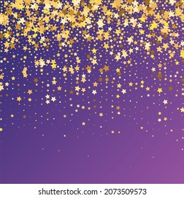 Star Sequin Confetti on Neon Purple Background. Vector Gold Glitter. Falling Particles on Floor. Voucher Gift Card Template. Isolated Flat Birthday Card. Golden Stars Banner. Christmas Party Frame.