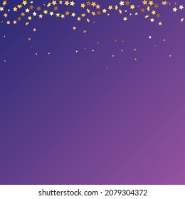 Star Sequin Confetti sobre fondo morado neón. Marco de fiesta de Navidad. Plantilla de tarjeta regalo de cupón. Glitter de oro vectorial. Cayendo partículas en el suelo. Tarjeta de cumpleaños plana aislada. Cartel de las estrellas de oro.