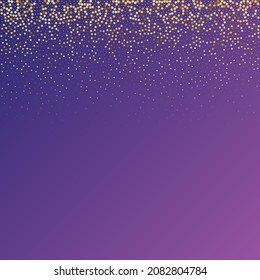 Star Sequin Confetti on Neon Purple Background. Vector Gold Glitter. Falling Particles on Floor. Christmas Party Frame. Voucher Gift Card Template. Isolated Flat Birthday Card. Golden Stars Banner.