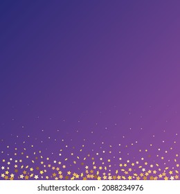 Star Sequin Confetti on Neon Purple Background. Isolated Flat Birthday Card. Golden Stars Banner. Voucher Gift Card Template. Christmas Party Frame. Vector Gold Glitter. Falling Particles on Floor.