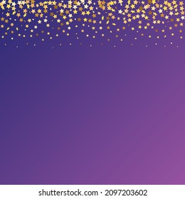 Star Sequin Confetti on Neon Purple Background. Vector Gold Glitter. Falling Particles on Floor. Christmas Party Frame. Isolated Flat Birthday Card. Golden Stars Banner. Voucher Gift Card Template.