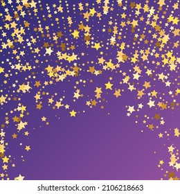 Star Sequin Confetti on Neon Purple Background. Vector Gold Glitter. Falling Particles on Floor. Isolated Flat Birthday Card. Golden Stars Banner. Voucher Gift Card Template. Christmas Party Frame.