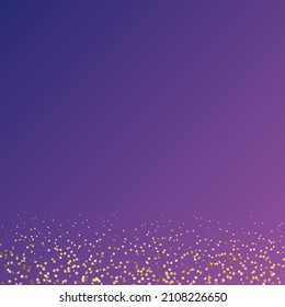 Star Sequin Confetti sobre fondo morado neón. Tarjeta de cumpleaños plana aislada. Cartel de las estrellas de oro. Glitter de oro vectorial. Cayendo partículas en el suelo. Plantilla de tarjeta regalo de cupón. Marco de fiesta de Navidad.